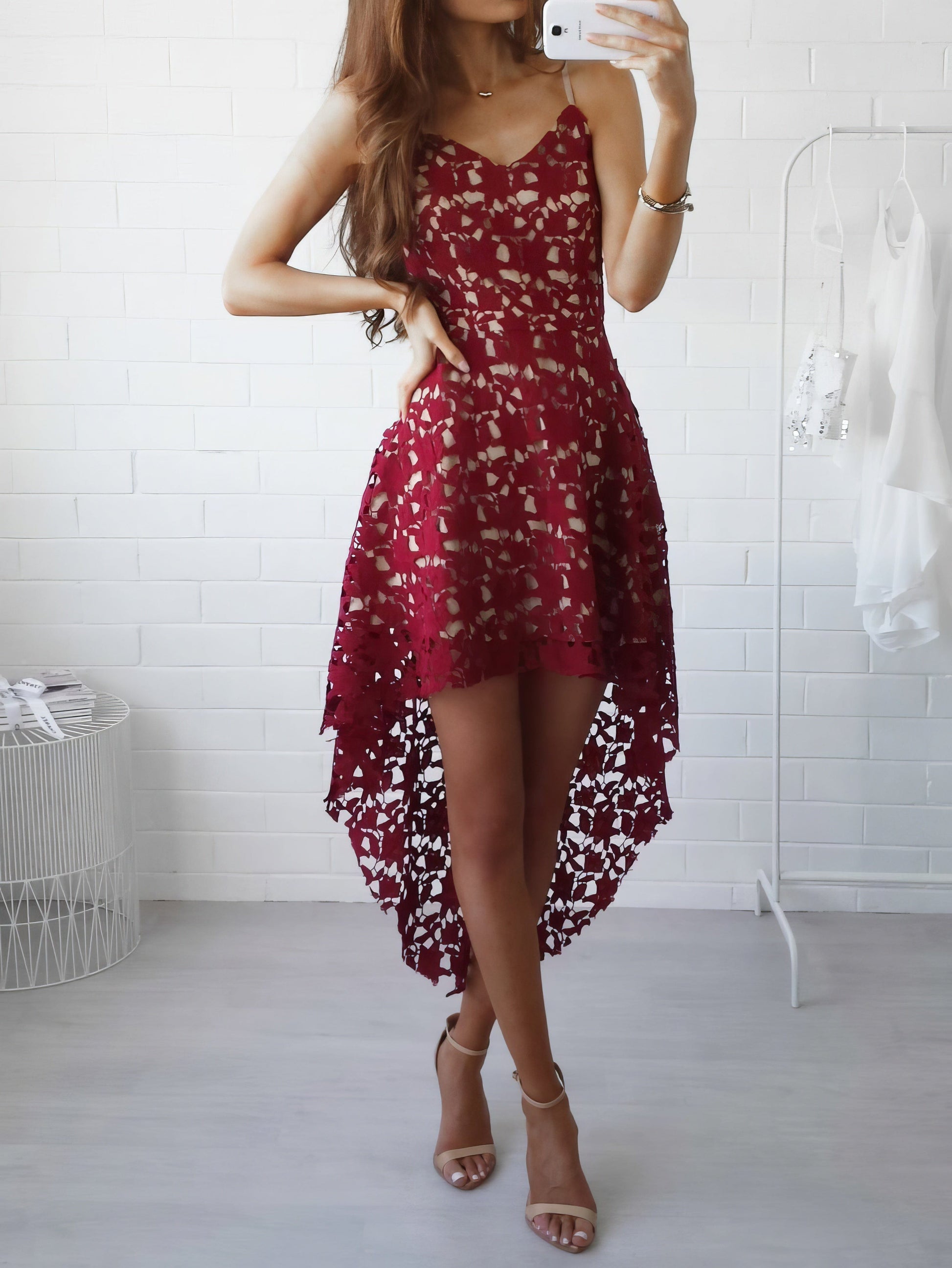MsDressly Midi Dresses Sling Lace Sleeveless Irregular Dress DRE2208055045WREDS