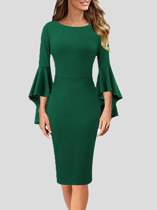 MsDressly Midi Dresses Solid Ruffle Sleeve Slim Fit Dress DRE2208315303GRES