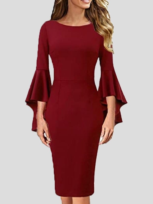 MsDressly Midi Dresses Solid Ruffle Sleeve Slim Fit Dress DRE2208315303WREDS