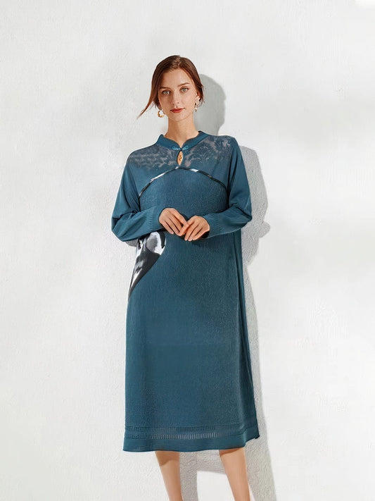 MsDressly Midi Dresses Stand Collar Elegant Stitching Long-sleeved Midi Dress DRE2303180081BLUONESIZE