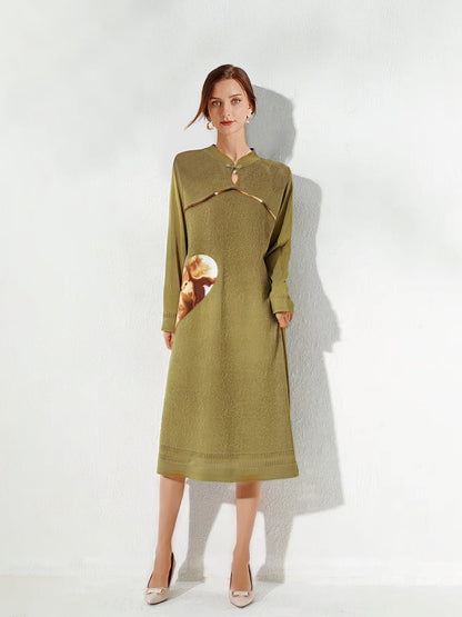 MsDressly Midi Dresses Stand Collar Elegant Stitching Long-sleeved Midi Dress DRE2303180081GREONESIZE