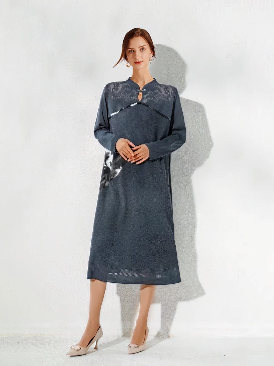 MsDressly Midi Dresses Stand Collar Elegant Stitching Long-sleeved Midi Dress DRE2303180081GRYONESIZE