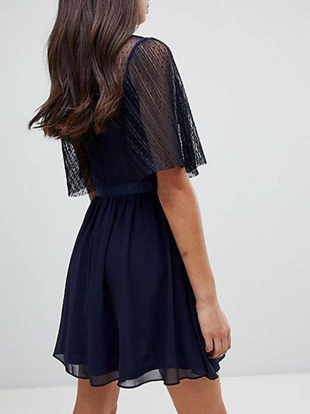 Mini Dobby Skater Mesh Dress With Embellished Trim - LuckyFash™