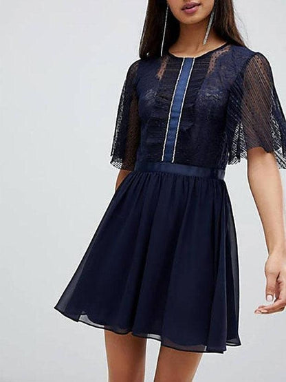 Mini Dobby Skater Mesh Dress With Embellished Trim - LuckyFash™