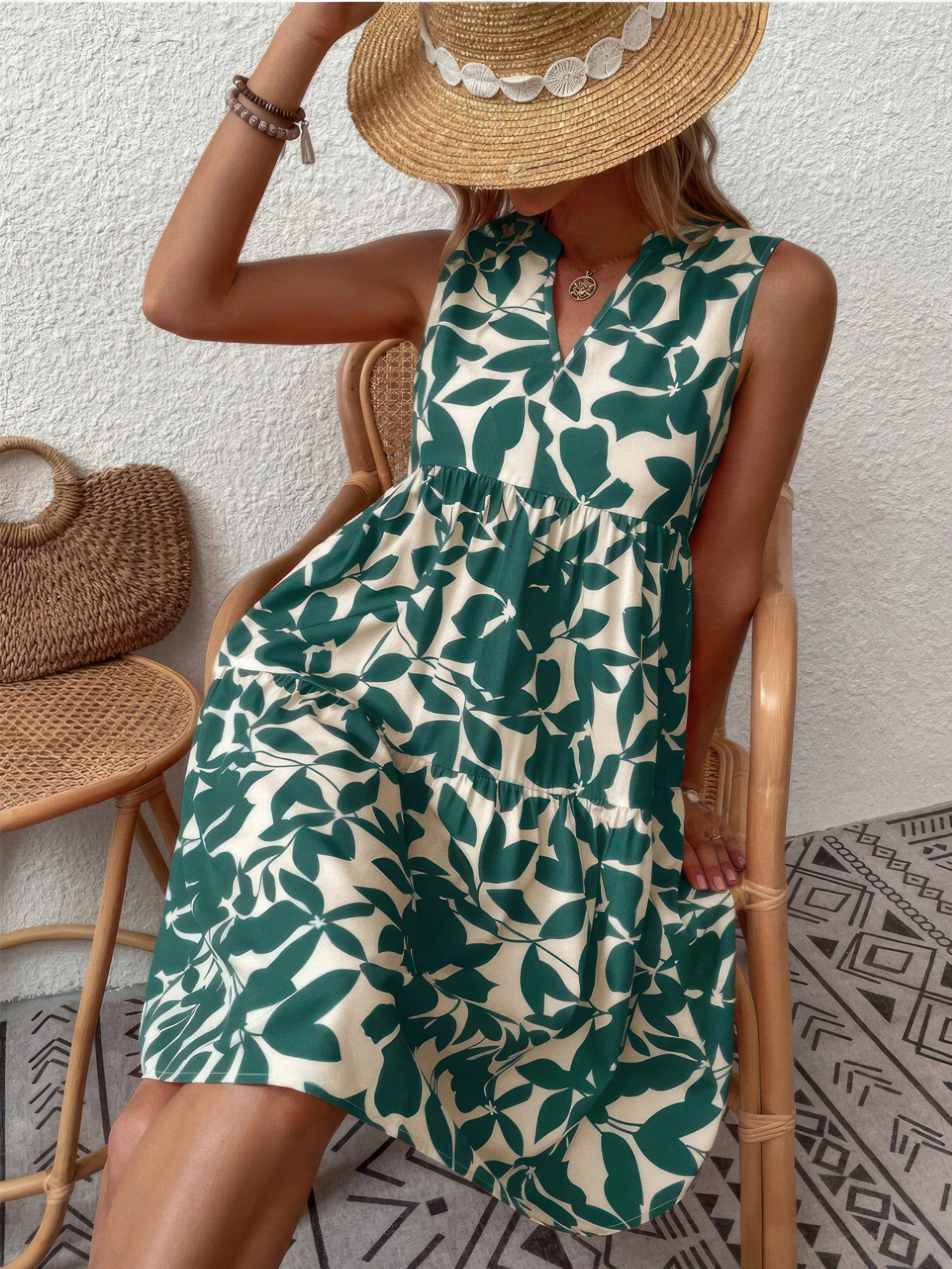 MsDressly Mini Dresses Bohemian Leaf Print Fashion Loose V-Neck Pleated Mini Dress DRE2303080038GRES