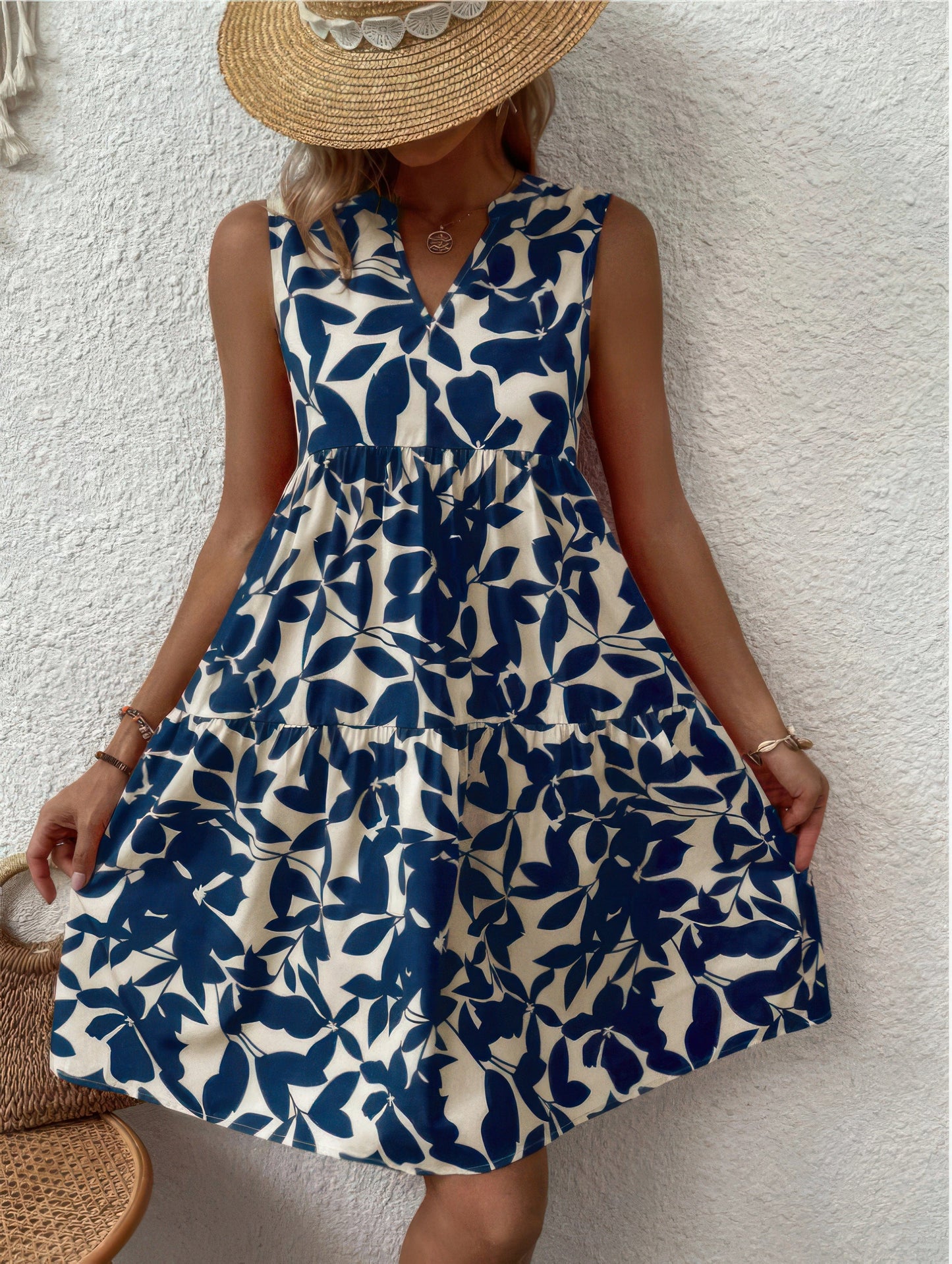 MsDressly Mini Dresses Bohemian Leaf Print Fashion Loose V-Neck Pleated Mini Dress DRE2303080038NAVS
