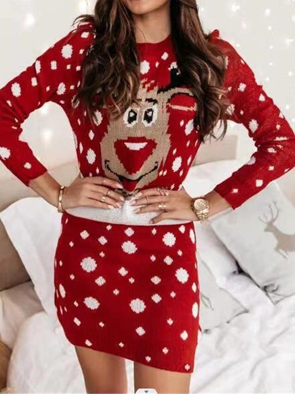MsDressly Mini Dresses Casual Christmas Print Long Sleeve Dress DRE2211035600REDS