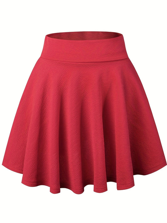 MsDressly Mini Dresses Casual Solid High Waist Pleated Skater Skirt Mini Dress DRE231012137REDXS(2)