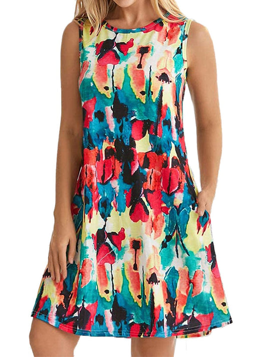 MsDressly Mini Dresses Comfortable Floral Print And Pockets Loose Fit Sleeveless Mini Dress - A-Line - Jewel DRE2308160370DBLS
