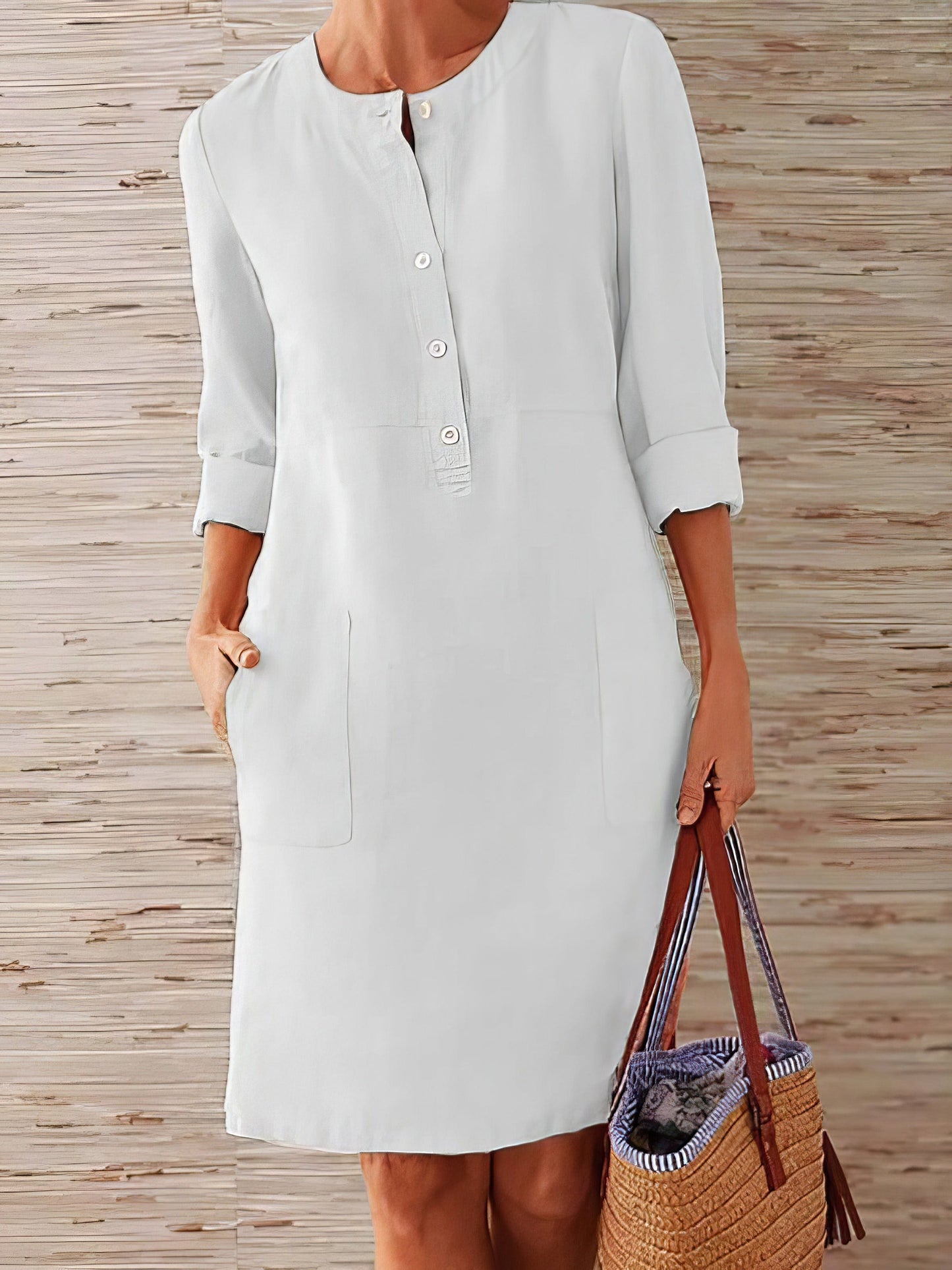 MsDressly Mini Dresses Cotton Linen Temperament Round Neck Long Sleeve Mini Dress DRE2301100008WHIS