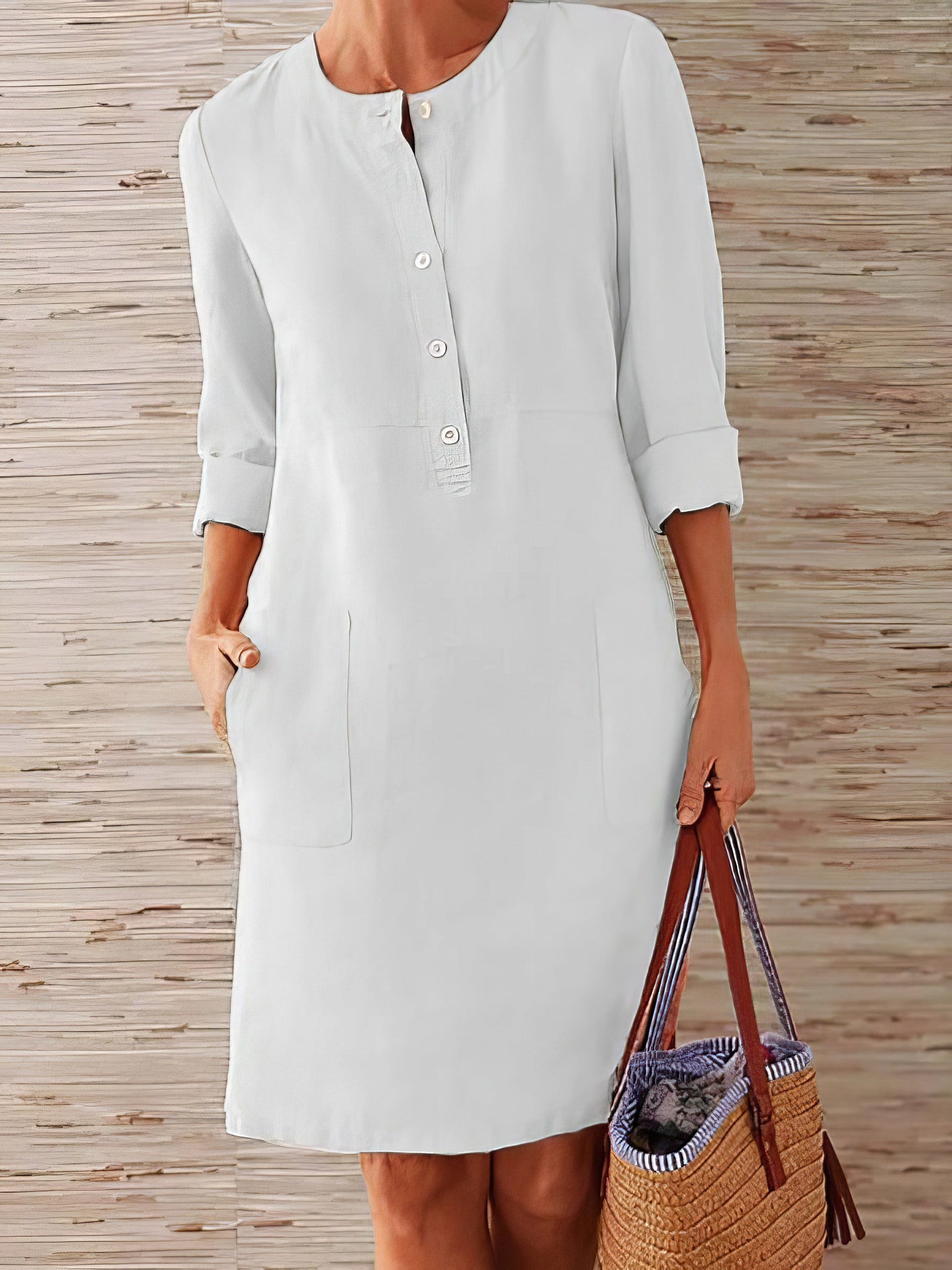 MsDressly Mini Dresses Cotton Linen Temperament Round Neck Long Sleeve Mini Dress DRE2301100008WHIS