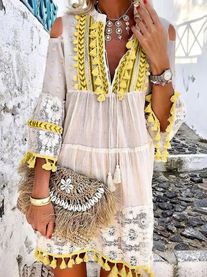 MsDressly Mini Dresses Cute Tassel Off Shoulder Deep V-neck Dress DRE2106251302WYELS