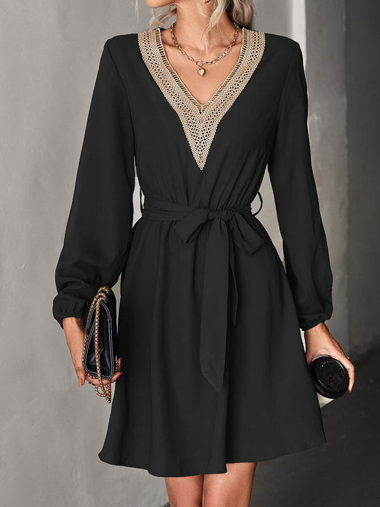 MsDressly Mini Dresses Elegant Lace Perfect For Commuting And Temperament Long Sleeved V Neck Mini Dress - A-Line - Gypsy - Bare - Paneled - Bishop - Peasant - Jewel DRE2308290373BLAS