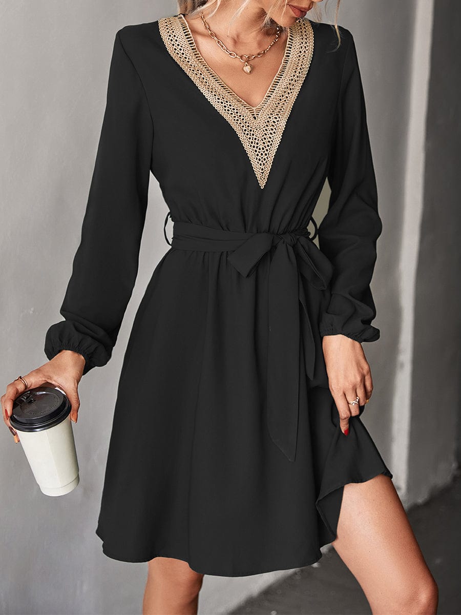 MsDressly Mini Dresses Elegant Lace Perfect For Commuting And Temperament Long Sleeved V Neck Mini Dress - A-Line - Gypsy - Bare - Paneled - Bishop - Peasant - Jewel