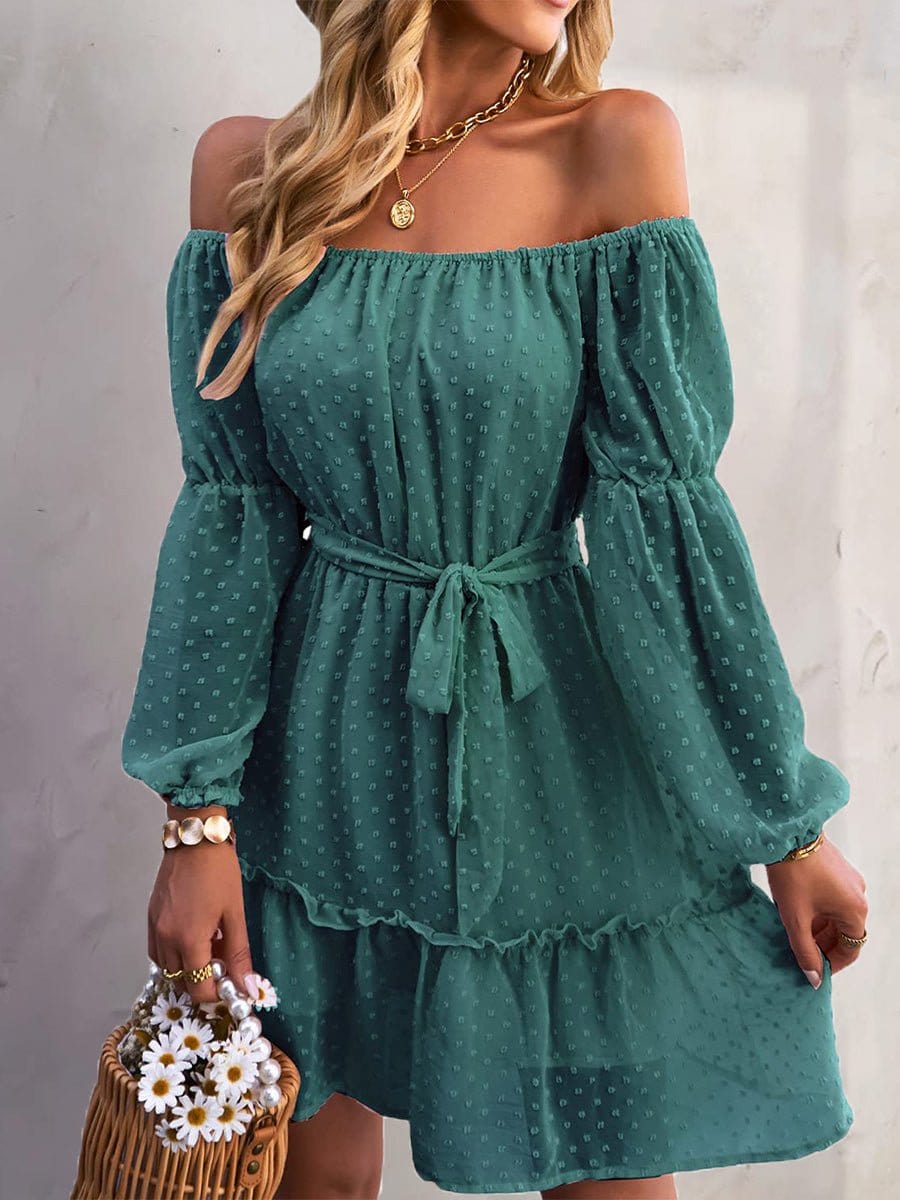 MsDressly Mini Dresses One-Shoulder Jacquard Long-Sleeve Dress DRE2210175576DGRES