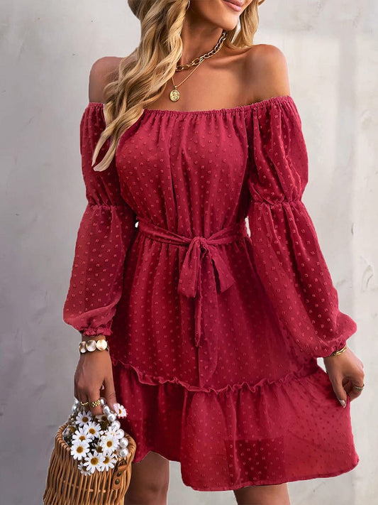 MsDressly Mini Dresses One-Shoulder Jacquard Long-Sleeve Dress DRE2210175576REDS