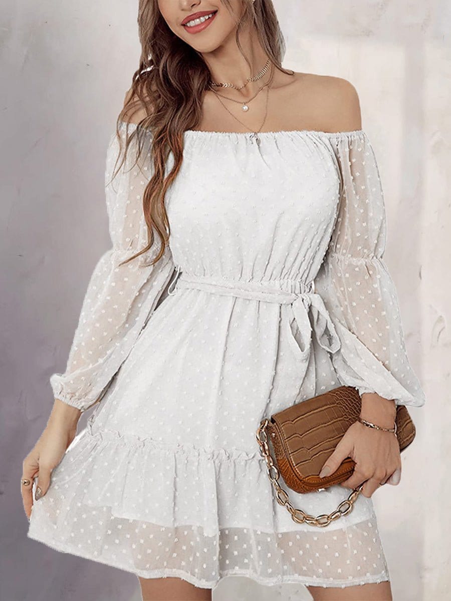 MsDressly Mini Dresses One-Shoulder Jacquard Long-Sleeve Dress DRE2210175576WHIS
