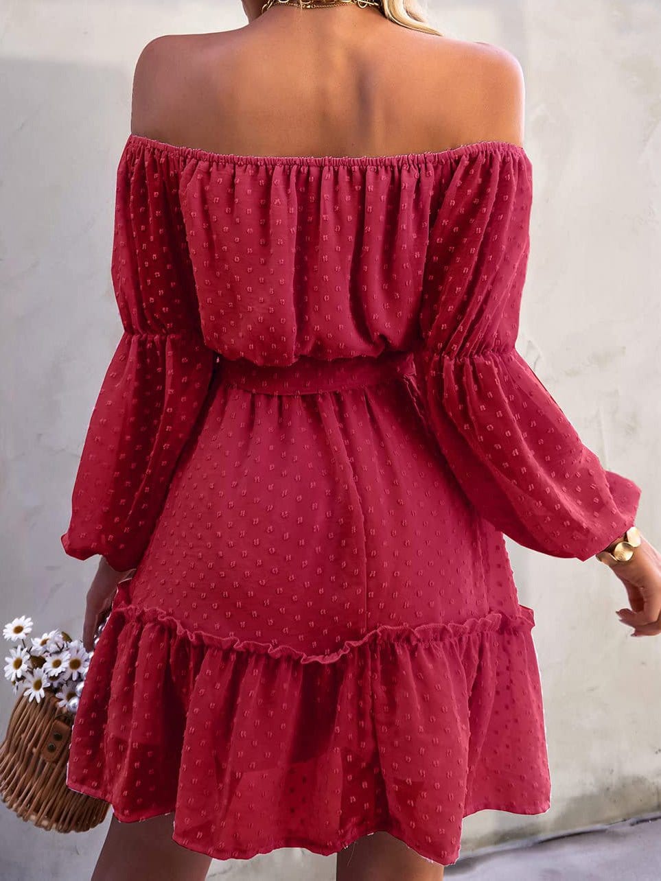MsDressly Mini Dresses One-Shoulder Jacquard Long-Sleeve Dress