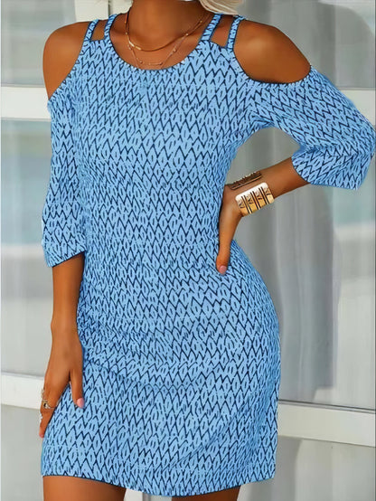 MsDressly Mini Dresses Printed Mid-Sleeve Off The Shoulder Dress DRE2107011487BLUS