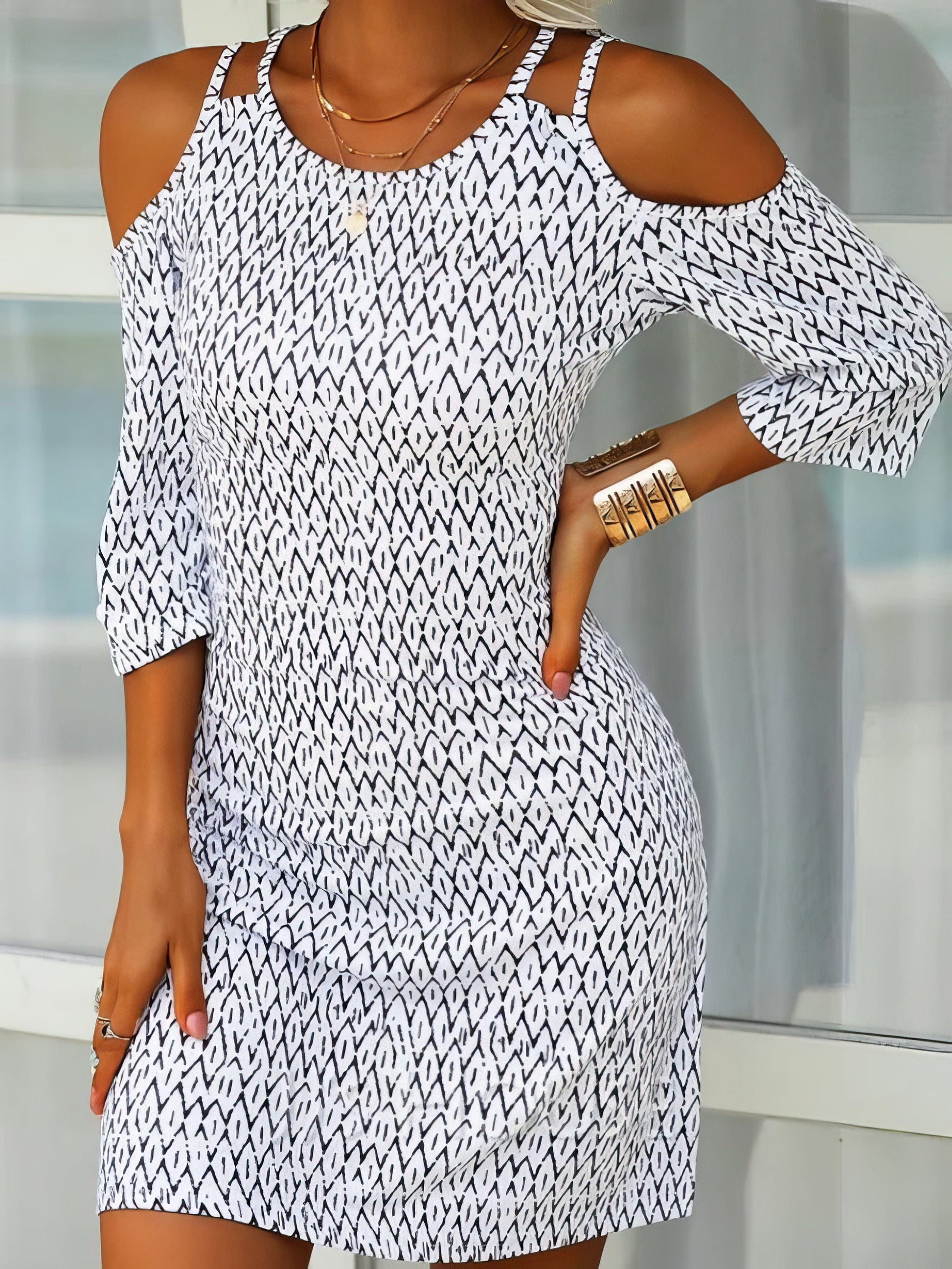 MsDressly Mini Dresses Printed Mid-Sleeve Off The Shoulder Dress DRE2107011487WHIS