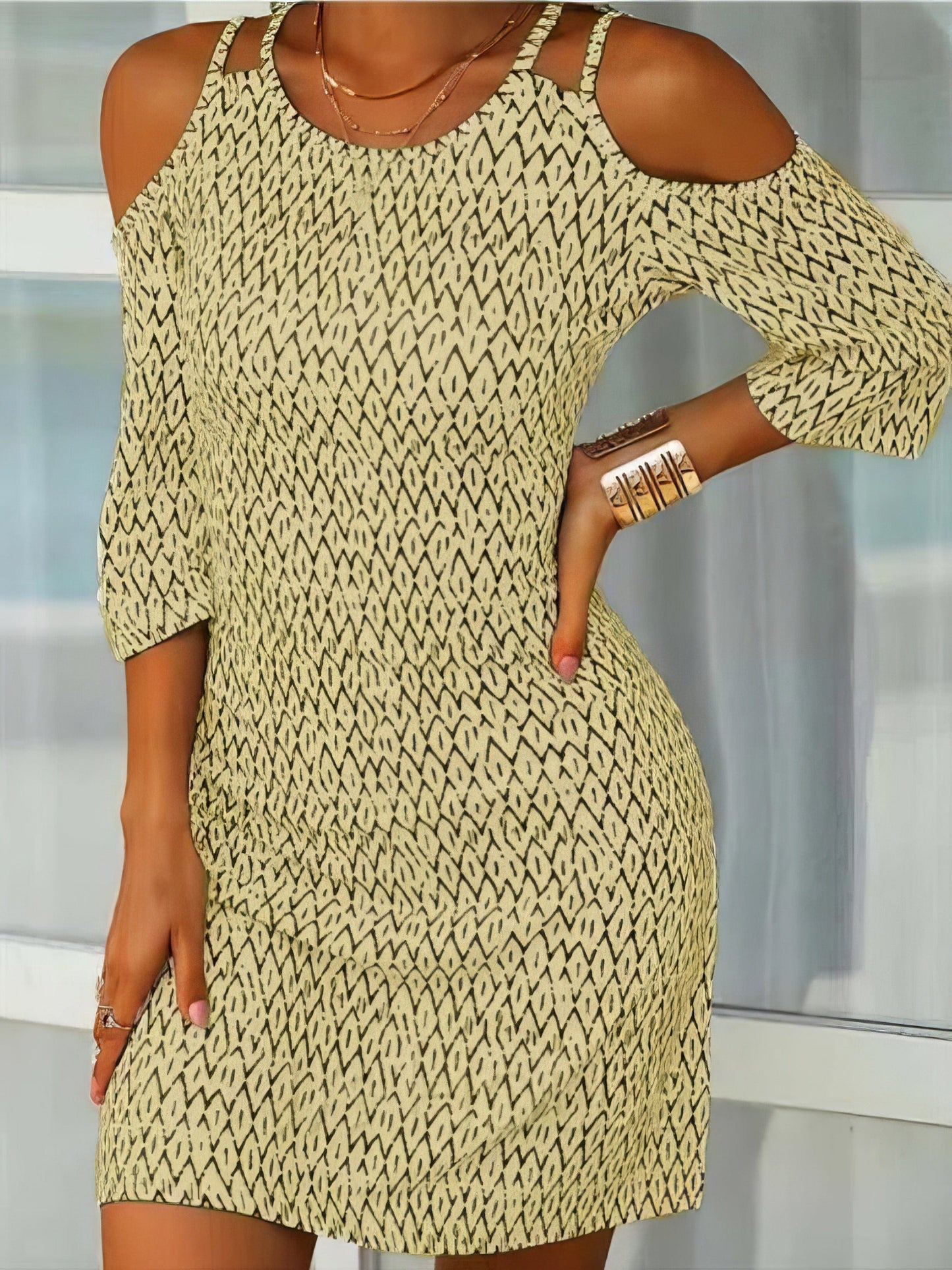 MsDressly Mini Dresses Printed Mid-Sleeve Off The Shoulder Dress DRE2107011487YELS