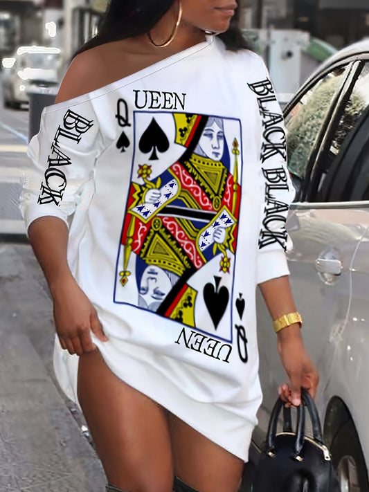 MsDressly Mini Dresses Queen Poker Print Slant Shoulder Shirt Mini Dress DRE231012133WHIS(4)
