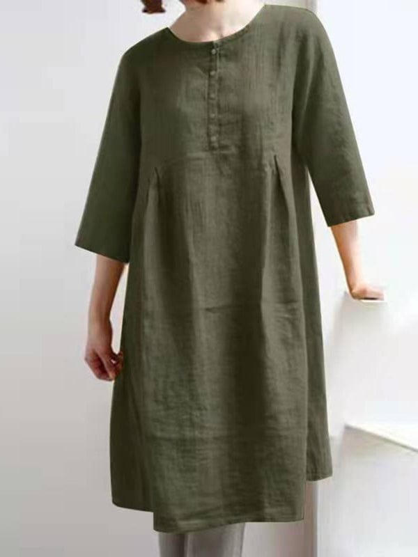 MsDressly Mini Dresses Retro Cotton Linen Solid Pleated Half Sleeve Mini Dress DRE2212055645AGRES