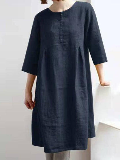 MsDressly Mini Dresses Retro Cotton Linen Solid Pleated Half Sleeve Mini Dress DRE2212055645NBLUS
