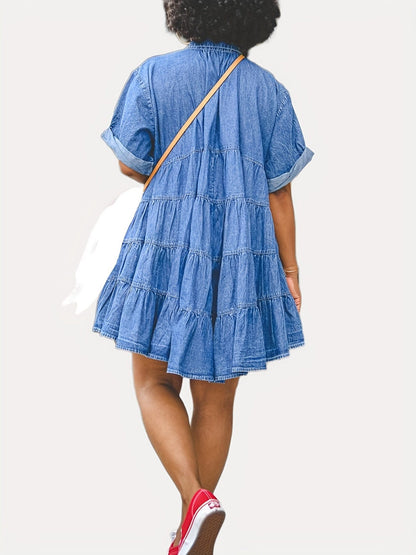 MsDressly Mini Dresses Rolled Sleeve Single-Breasted Lapel Button Causal Denim Mini Dress