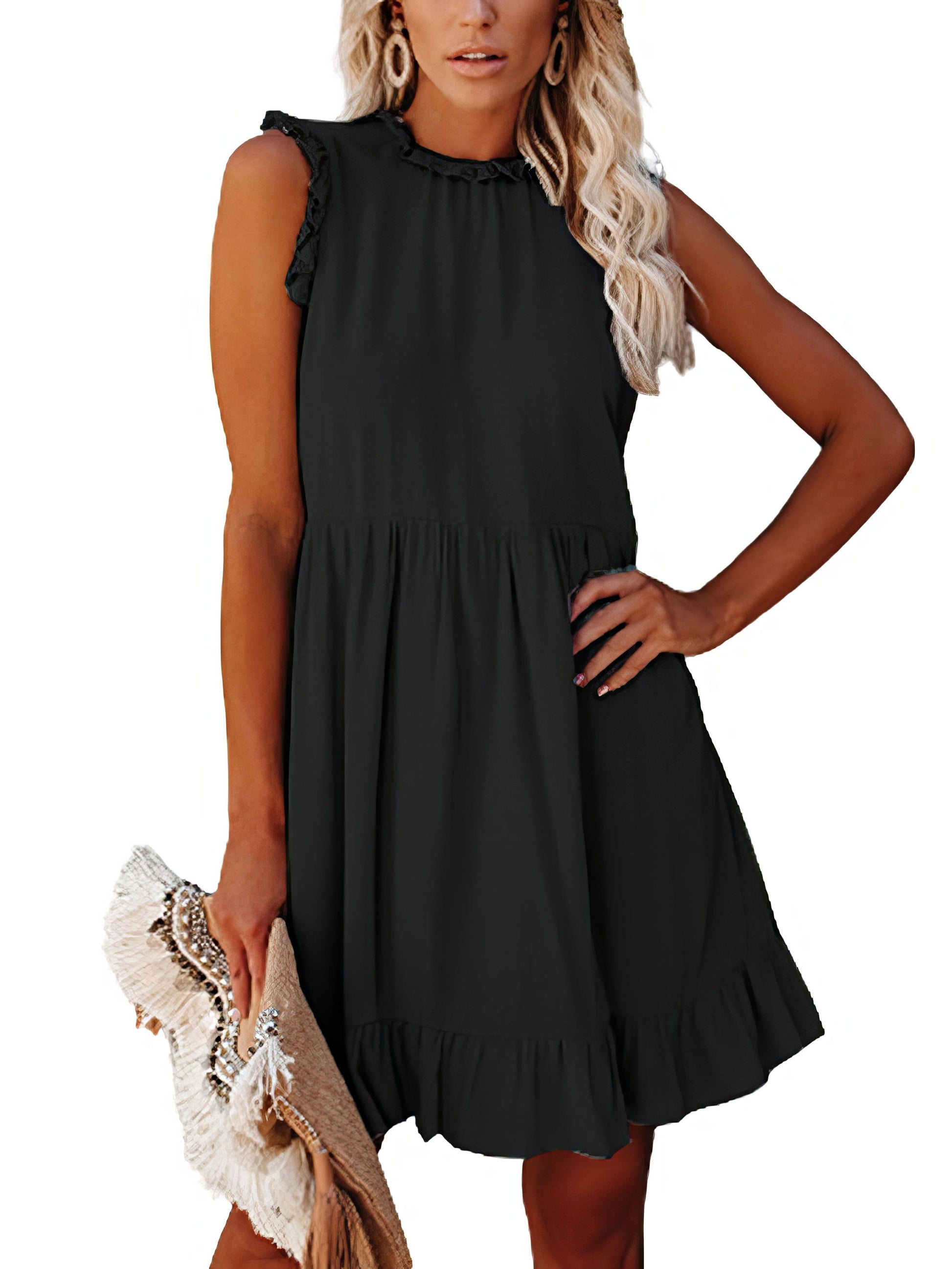 MsDressly Mini Dresses Round Neck Sleeveless Ruffle Waist Mini Dress DRE2303060035BLAS