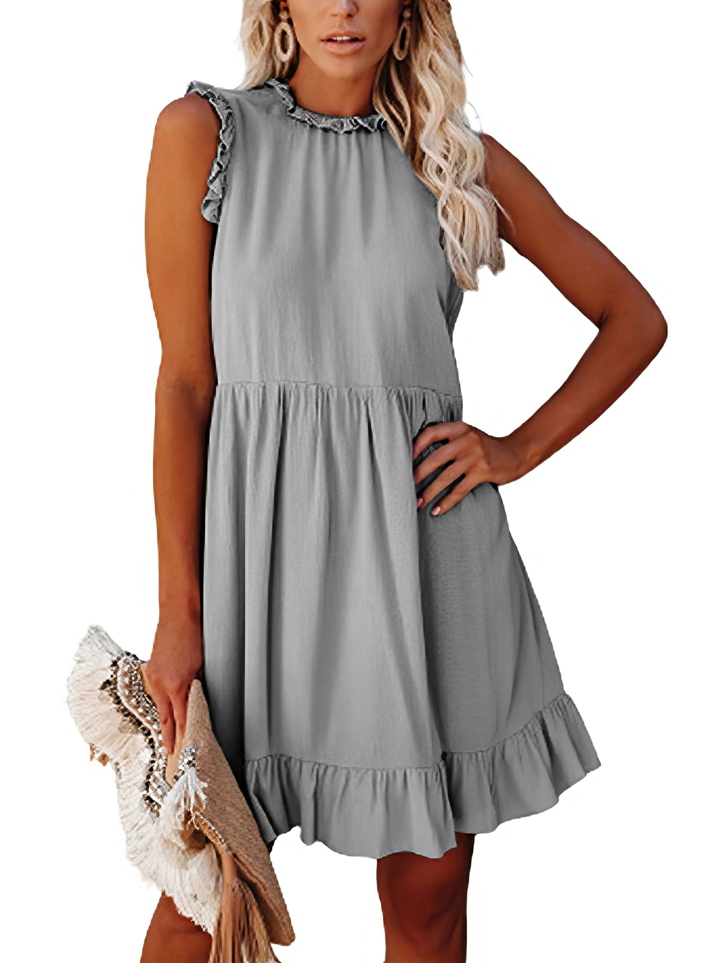 MsDressly Mini Dresses Round Neck Sleeveless Ruffle Waist Mini Dress DRE2303060035GRYS