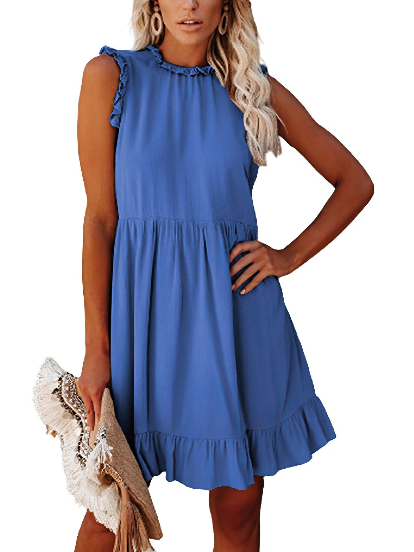 MsDressly Mini Dresses Round Neck Sleeveless Ruffle Waist Mini Dress DRE2303060035NAVS