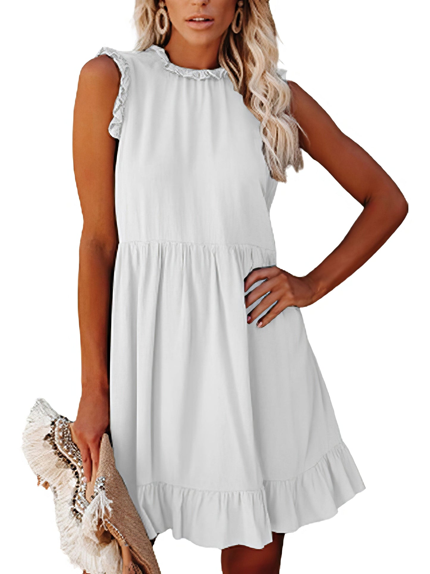 MsDressly Mini Dresses Round Neck Sleeveless Ruffle Waist Mini Dress DRE2303060035WHIS