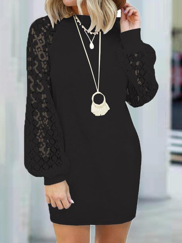 MsDressly Mini Dresses Round Neck Stitching Lace Long Sleeve Dress DRE2111222933BLAS