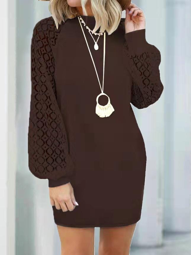 MsDressly Mini Dresses Round Neck Stitching Lace Long Sleeve Dress DRE2111222933COFS