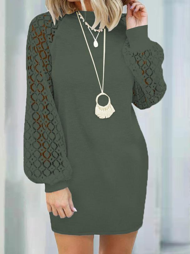 MsDressly Mini Dresses Round Neck Stitching Lace Long Sleeve Dress DRE2111222933GRES