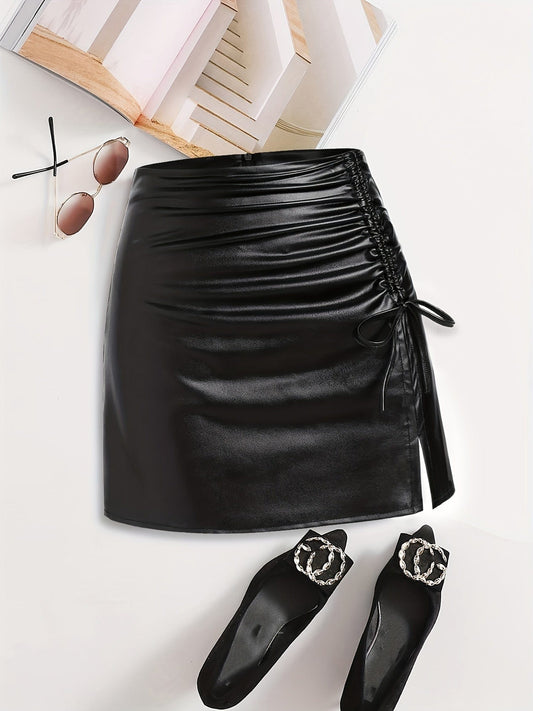 MsDressly Mini Dresses Sexy A-Line PU Leather Side Tie Drawstring Slit Mini Dress DRE231012135BLAXS(2)