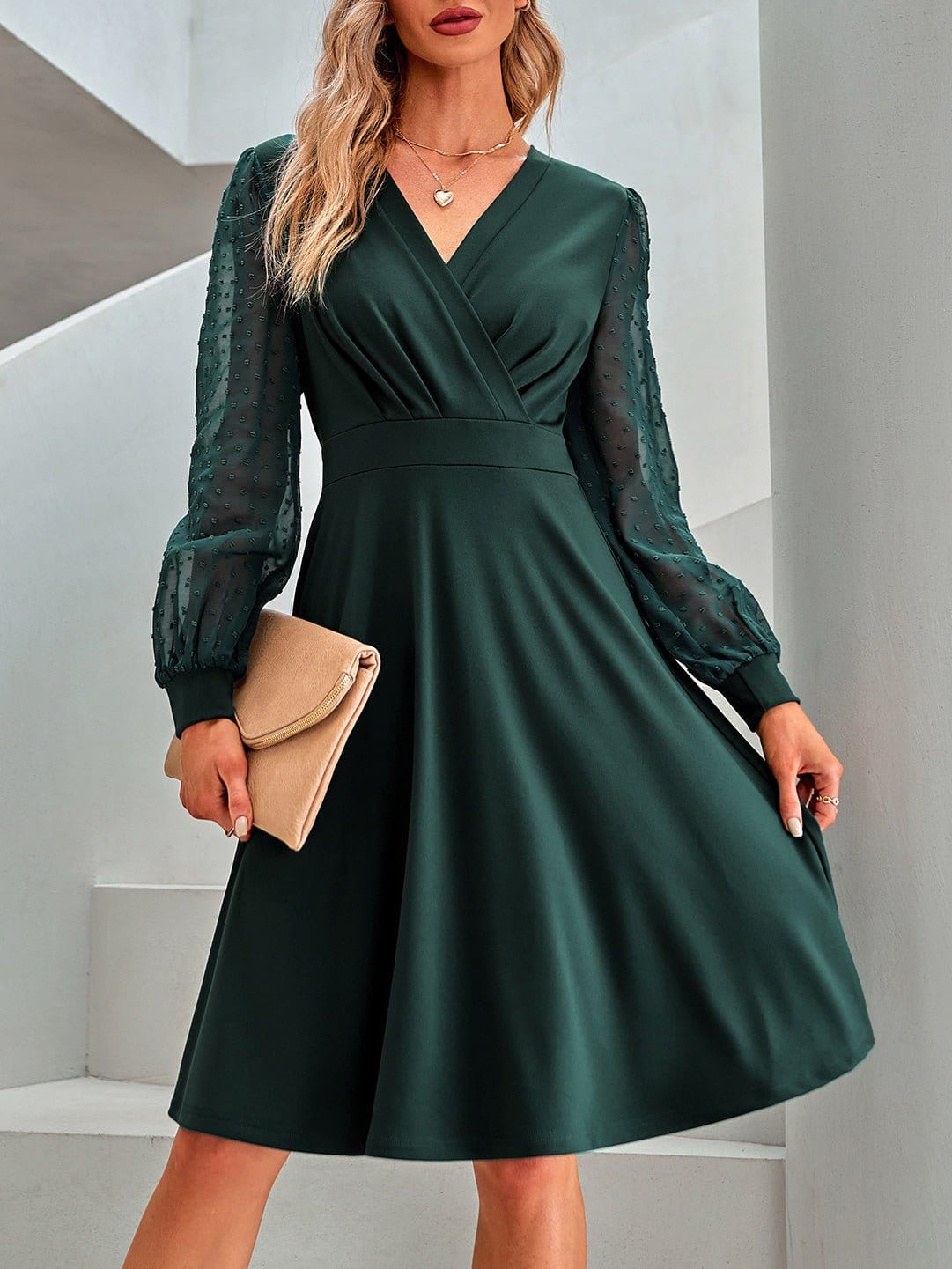 MsDressly Mini Dresses Solid V-Neck Jacquard Long Sleeve Dress DRE2210125565GRES