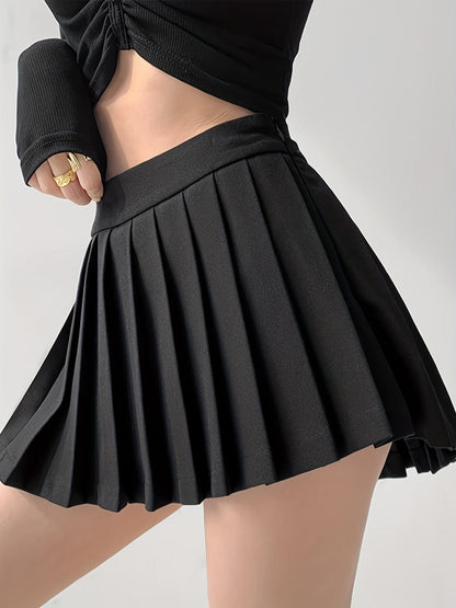 MsDressly Mini Dresses Y2K Style Solid Pleated Mid Waist Mini Dress DRE231012136BLAXS(2)