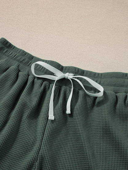 Misty Green Waffle Weave Pocket Top and Tie-Waist Shorts Ensemble