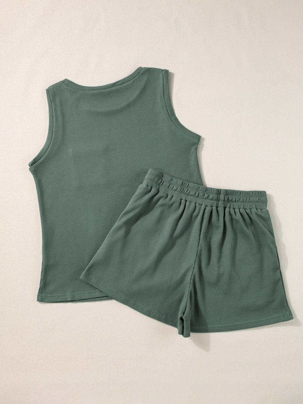 Misty Green Waffle Weave Pocket Top and Tie-Waist Shorts Ensemble