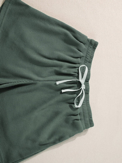 Misty Green Waffle Weave Pocket Top and Tie-Waist Shorts Ensemble