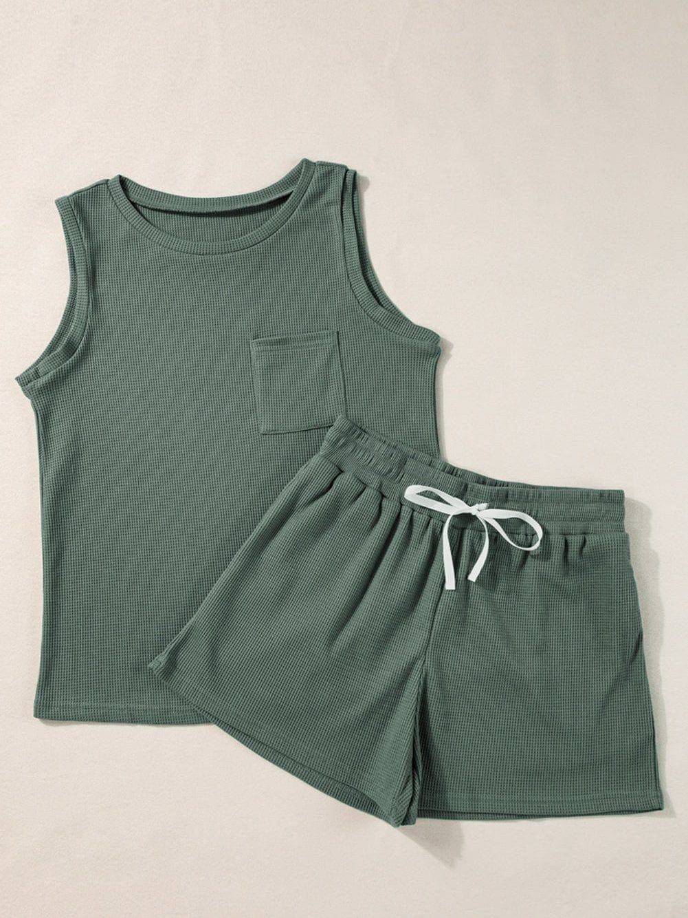 Misty Green Waffle Weave Pocket Top and Tie-Waist Shorts Ensemble