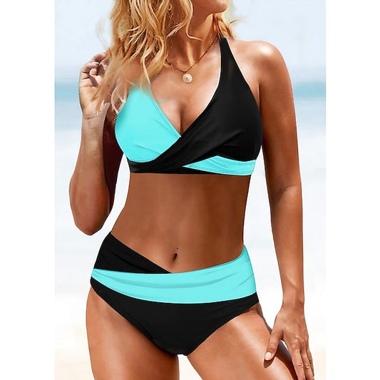 Women's Swimwear Tankini 2 Piece Normal Swimsuit Halter 2 Piece Graphic Black White Blue Padded Crop Top Bathing Suits Sexy Holiday Summer