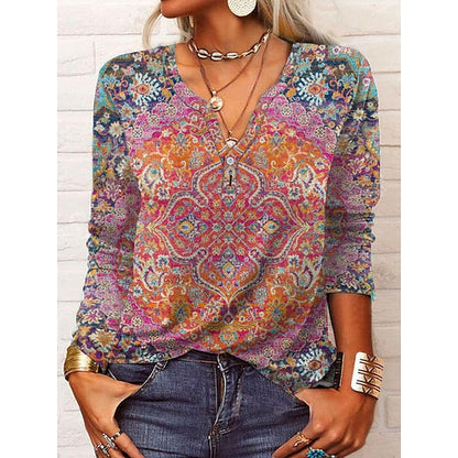 Women's Plus Size Shirt Henley Shirt Blouse Paisley Color Gradient Vintage Black Pink Wine Print Button Long Sleeve Daily Casual V Neck Regular Fit Fall & Winter