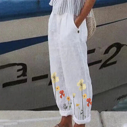 Women's Floral Comfort Linen Pant with Elastic Waist