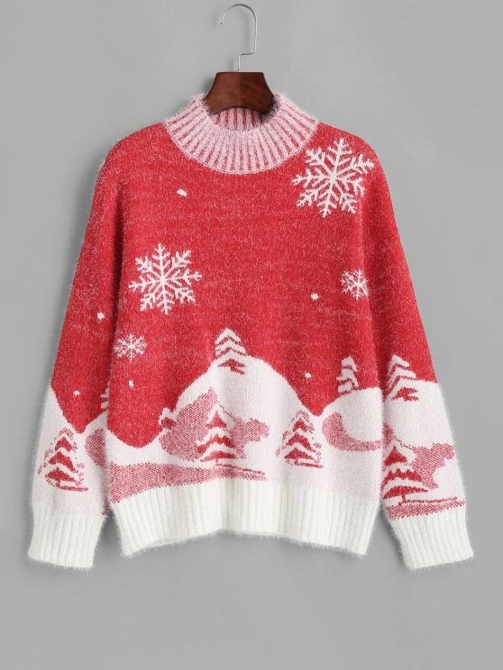 Mock Neck Christmas Snowflake Tree Fuzzy Sweater for Women