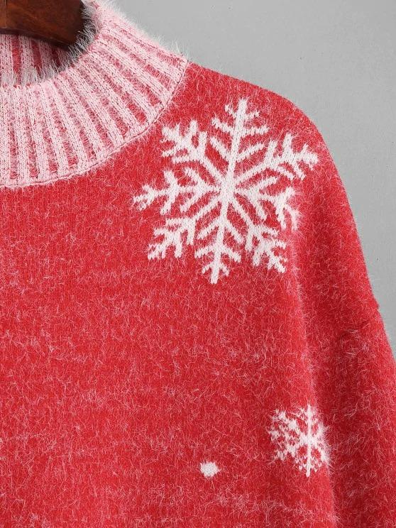 Mock Neck Christmas Snowflake Tree Fuzzy Sweater - LuckyFash™