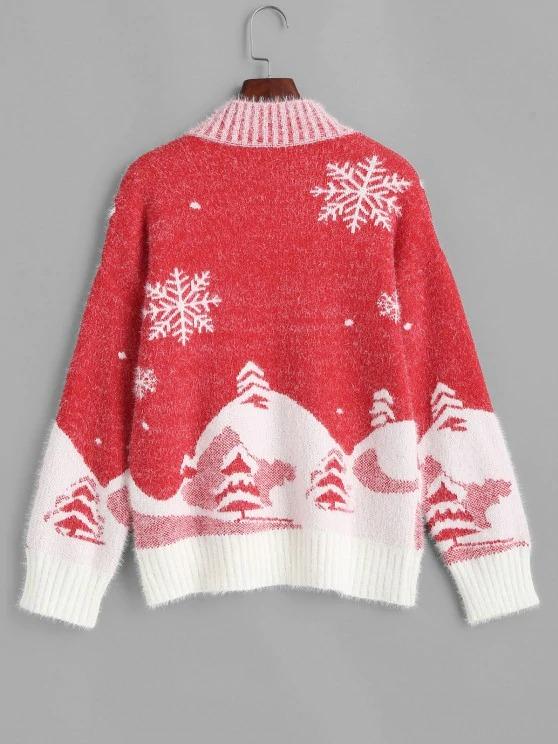 Mock Neck Christmas Snowflake Tree Fuzzy Sweater - LuckyFash™