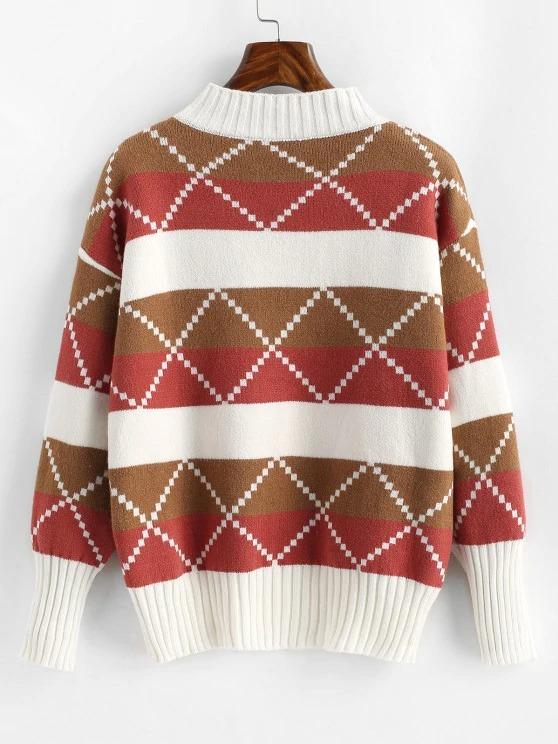 Mock Neck Colorblock Geo Graphic Sweater - LuckyFash™